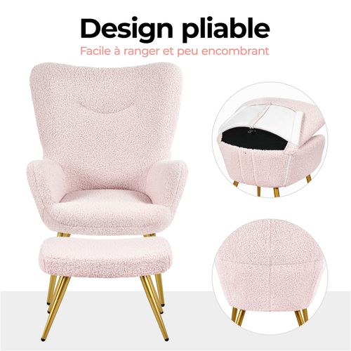 Fauteuil Avec Repose-pieds En Tissu Bouclé Avec Haut Dossier Enveloppant, Rose