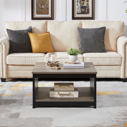 Table Basse Carrée Table De Salon En Bois Avec Rangement, Fonctionnelle, Moderne, Gris