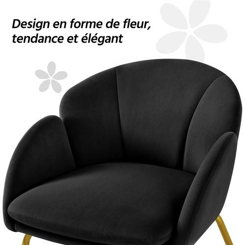 Fauteuil De Salon En Velours Polyester En Forme De Fleur Avec Pieds En Métal Doré, Noir