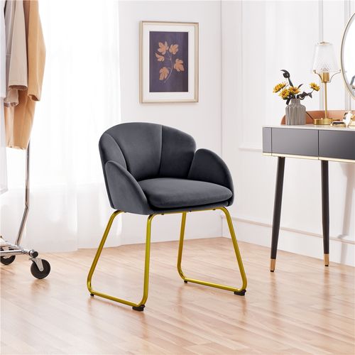 Fauteuil De Salon En Velours Polyester En Forme De Fleur Avec Pieds En Métal Doré, Gris Foncé