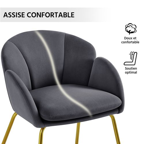 Fauteuil De Salon En Velours Polyester En Forme De Fleur Avec Pieds En Métal Doré, Gris Foncé