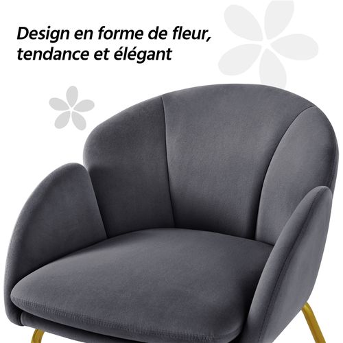 Fauteuil De Salon En Velours Polyester En Forme De Fleur Avec Pieds En Métal Doré, Gris Foncé