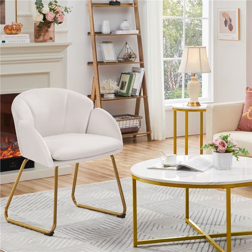Fauteuil De Salon En Velours Polyester En Forme De Fleur Avec Pieds En Métal Doré, Blanc