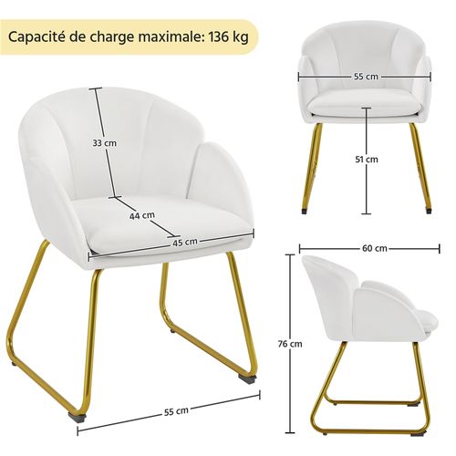Fauteuil De Salon En Velours Polyester En Forme De Fleur Avec Pieds En Métal Doré, Blanc