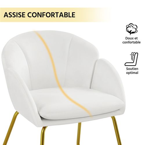 Fauteuil De Salon En Velours Polyester En Forme De Fleur Avec Pieds En Métal Doré, Blanc