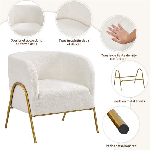 Fauteuil De Salon Scandinave Fauteuil Arrondi En Tissu Bouclé Avec Pieds En Métal Doré, Ivoire