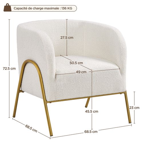 Fauteuil De Salon Scandinave Fauteuil Arrondi En Tissu Bouclé Avec Pieds En Métal Doré, Ivoire