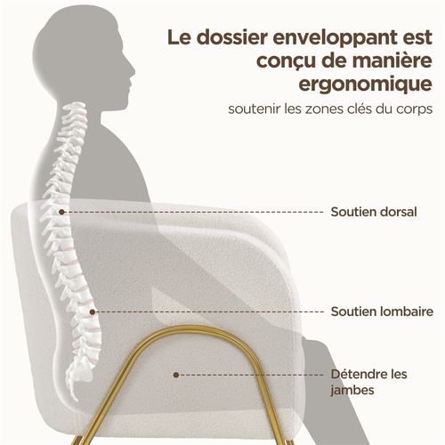 Fauteuil De Salon Scandinave Fauteuil Arrondi En Tissu Bouclé Avec Pieds En Métal Doré, Ivoire