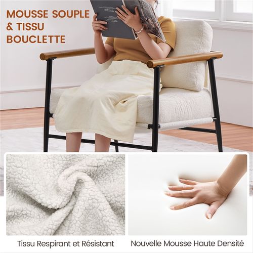 Fauteuil De Relaxation En Tissu Bouclette Avec Cadre Métallique Et Accoudoirs Bois, Ivoire