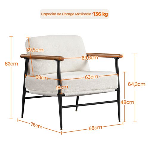 Fauteuil De Relaxation En Tissu Bouclette Avec Cadre Métallique Et Accoudoirs Bois, Ivoire