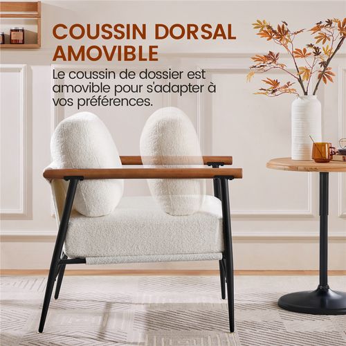 Fauteuil De Relaxation En Tissu Bouclette Avec Cadre Métallique Et Accoudoirs Bois, Ivoire