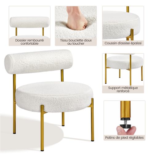 Fauteuil De Relaxation Design Géométrique En Tissu Bouclette Avec Cadre En Métal Doré, Blanc