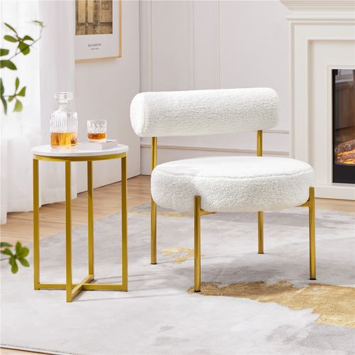 Fauteuil De Relaxation Design Géométrique En Tissu Bouclette Avec Cadre En Métal Doré, Blanc