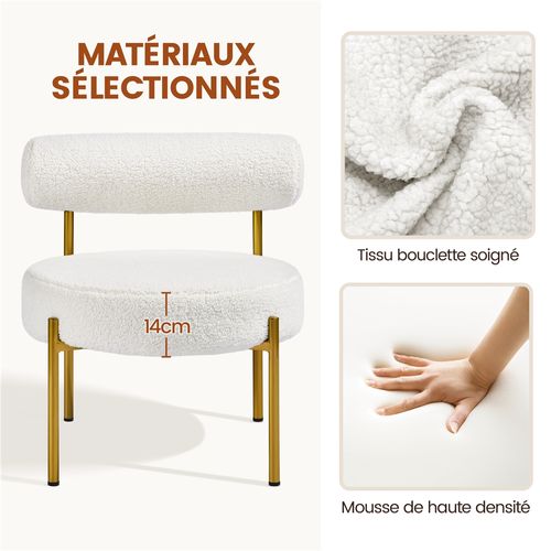Fauteuil De Relaxation Design Géométrique En Tissu Bouclette Avec Cadre En Métal Doré, Blanc