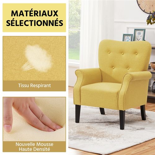 Fauteuil De Salon Moderne Rembourré En Tissu Polyester Avec Dossier Capitonné, Jaune