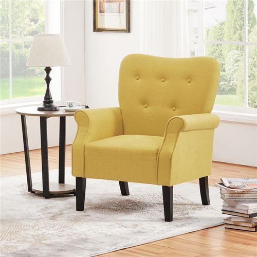 Fauteuil De Salon Moderne Rembourré En Tissu Polyester Avec Dossier Capitonné, Jaune