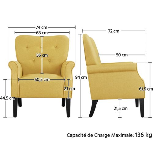 Fauteuil De Salon Moderne Rembourré En Tissu Polyester Avec Dossier Capitonné, Jaune