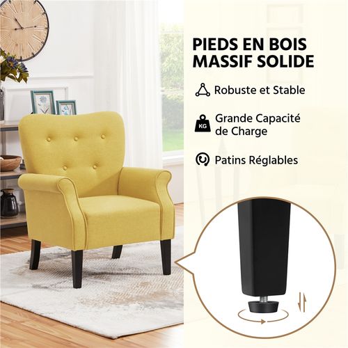 Fauteuil De Salon Moderne Rembourré En Tissu Polyester Avec Dossier Capitonné, Jaune