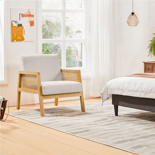 Fauteuil De Salon Design Rotin En Bois Massif Et En Tissu Avec Coussins Rembourrés, Beige