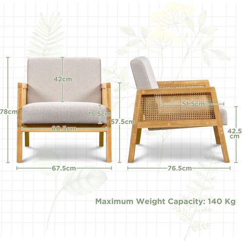 Fauteuil De Salon Design Rotin En Bois Massif Et En Tissu Avec Coussins Rembourrés, Beige