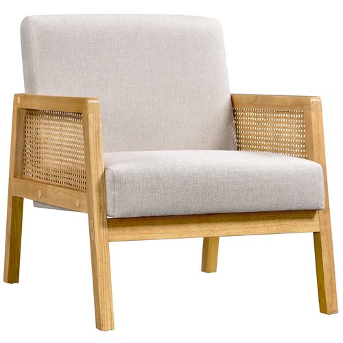 Fauteuil De Salon Design Rotin En Bois Massif Et En Tissu Avec Coussins Rembourrés, Beige