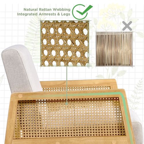 Fauteuil De Salon Design Rotin En Bois Massif Et En Tissu Avec Coussins Rembourrés, Beige