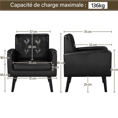 Fauteuil De Salon En Similicuir Avec Dossier Capitonné Et Pieds En Bois Massif, Noir
