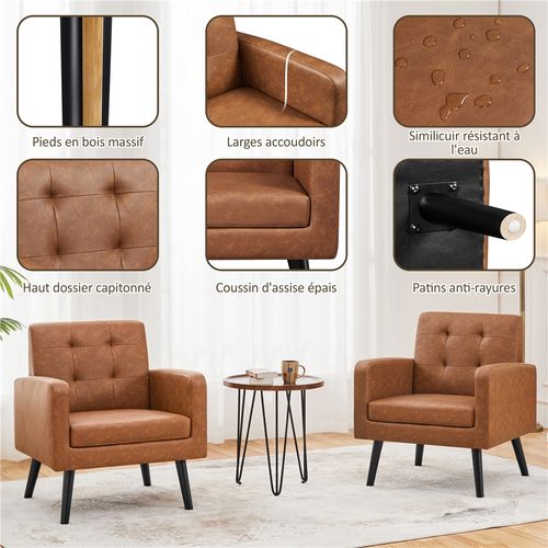 Fauteuil De Salon En Similicuir Avec Dossier Capitonné Et Pieds En Bois Massif, Brun Rustique