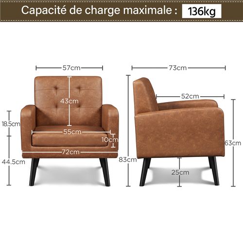 Fauteuil De Salon En Similicuir Avec Dossier Capitonné Et Pieds En Bois Massif, Brun Rustique
