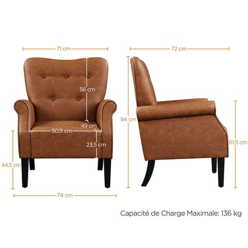 Fauteuil De Salon Moderne Rembourré En Similicuir Avec Dossier Capitonné, Brun Rustique