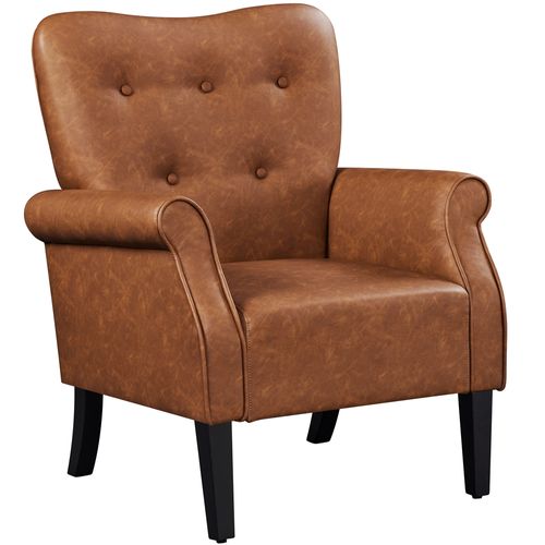 Fauteuil De Salon Moderne Rembourré En Similicuir Avec Dossier Capitonné, Brun Rustique