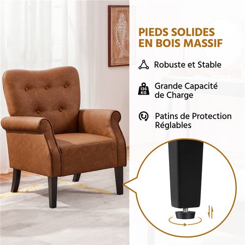 Fauteuil De Salon Moderne Rembourré En Similicuir Avec Dossier Capitonné, Brun Rustique