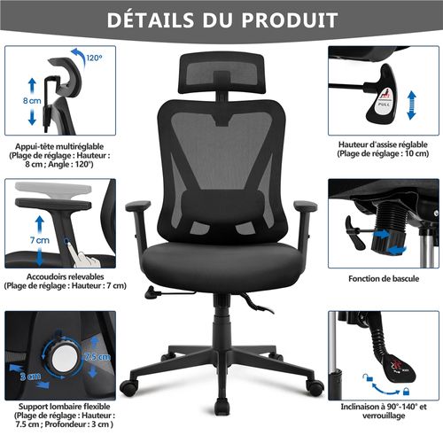 Chaise De Bureau Fauteuil De Bureau En Maille Appui-tête Support Lombaire Accoudoirs Réglables Noir