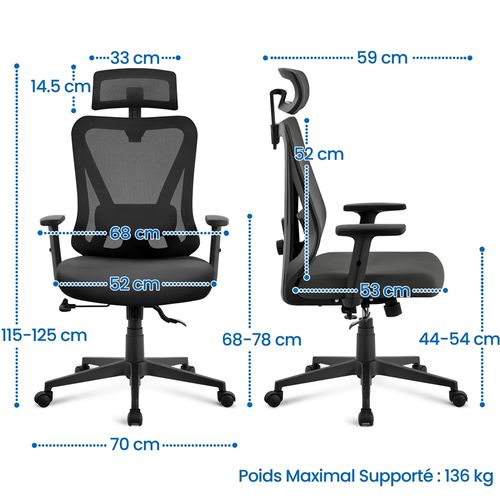 Chaise De Bureau Fauteuil De Bureau En Maille Appui-tête Support Lombaire Accoudoirs Réglables Noir