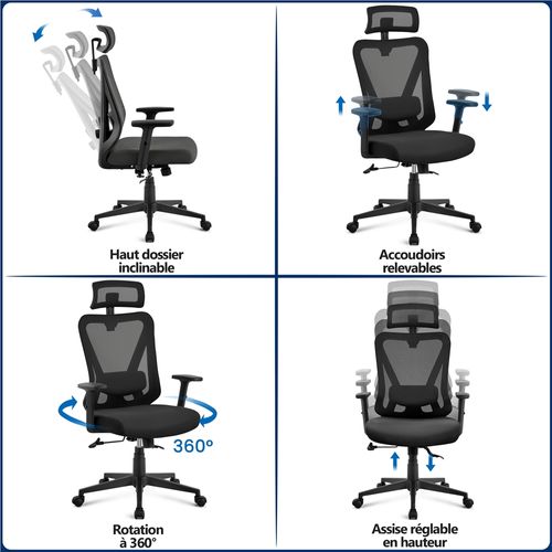Chaise De Bureau Fauteuil De Bureau En Maille Appui-tête Support Lombaire Accoudoirs Réglables Noir