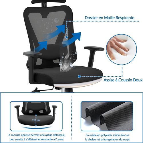 Chaise De Bureau Fauteuil De Bureau En Maille Appui-tête Support Lombaire Accoudoirs Réglables Noir