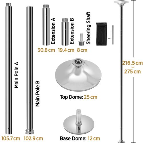 Barre De Pole Dance Statique Démontable Réglable En Hauteur De 216,5 Cm à 275 Cm, Argent