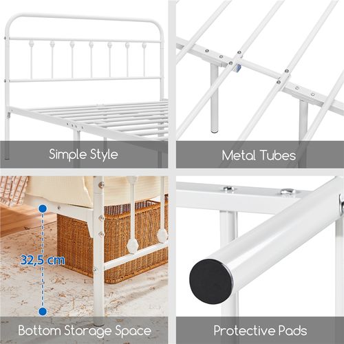 Cadre De Lit Double En Métal 140×200 Cm Avec Sommier Et Haute Tête De Lit, Blanc