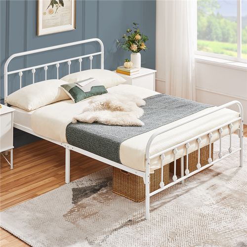 Cadre De Lit Double En Métal 140×200 Cm Avec Sommier Et Haute Tête De Lit, Blanc