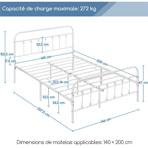 Cadre De Lit Double En Métal 140×200 Cm Avec Sommier Et Haute Tête De Lit, Blanc