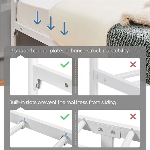 Cadre De Lit Double En Métal 140×200 Cm Avec Sommier Et Haute Tête De Lit, Blanc
