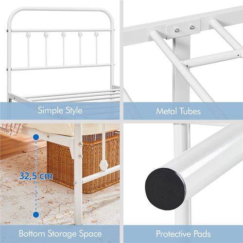 Cadre De Lit En Métal 90×200 Cm Avec Sommier Et Haute Tête De Lit, Blanc