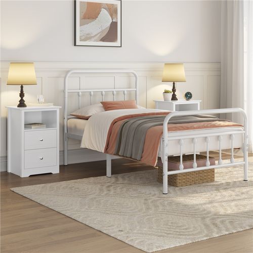 Cadre De Lit En Métal 90×200 Cm Avec Sommier Et Haute Tête De Lit, Blanc