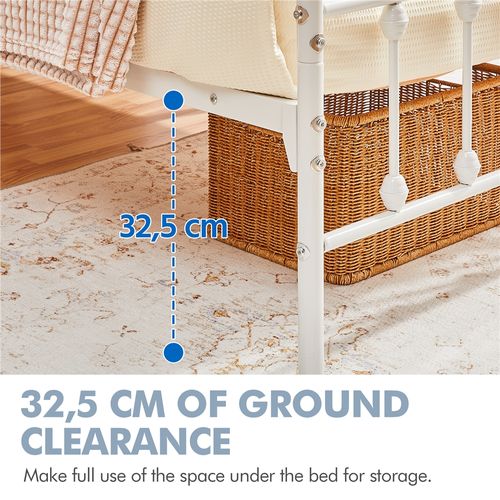 Cadre De Lit En Métal 90×200 Cm Avec Sommier Et Haute Tête De Lit, Blanc