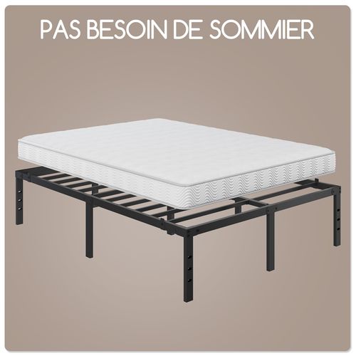 Lit Double 140×200 Cm En Métal Avec Support à Lattes, Lit Métallique à Finition Mate, Noir