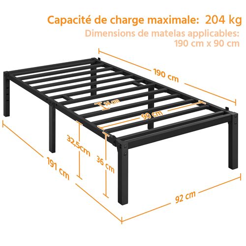 Cadre De Lit 90x190 Cm - Métallique Avec Support à Lattes - Noir
