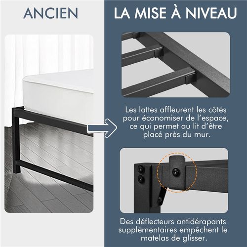 Cadre De Lit 90x200 Cm - Métallique Avec Support à Lattes - Noir