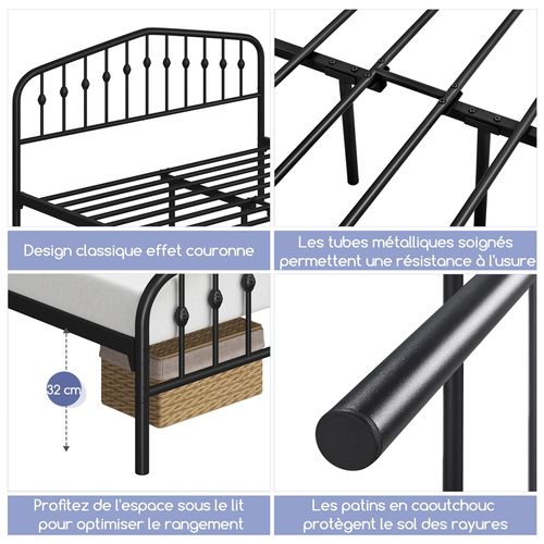 Cadre De Lit Double En Métal Avec Tête De Lit Et Sommier à Lattes, 160×200 Cm Noir