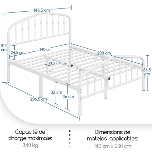 Cadre De Lit Double 140×200 Cm En Métal Avec Tête De Lit Et Sommier à Lattes, Blanc