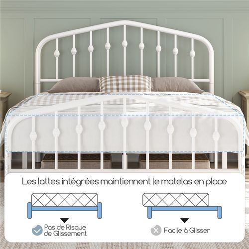 Cadre De Lit Double 140×200 Cm En Métal Avec Tête De Lit Et Sommier à Lattes, Blanc
